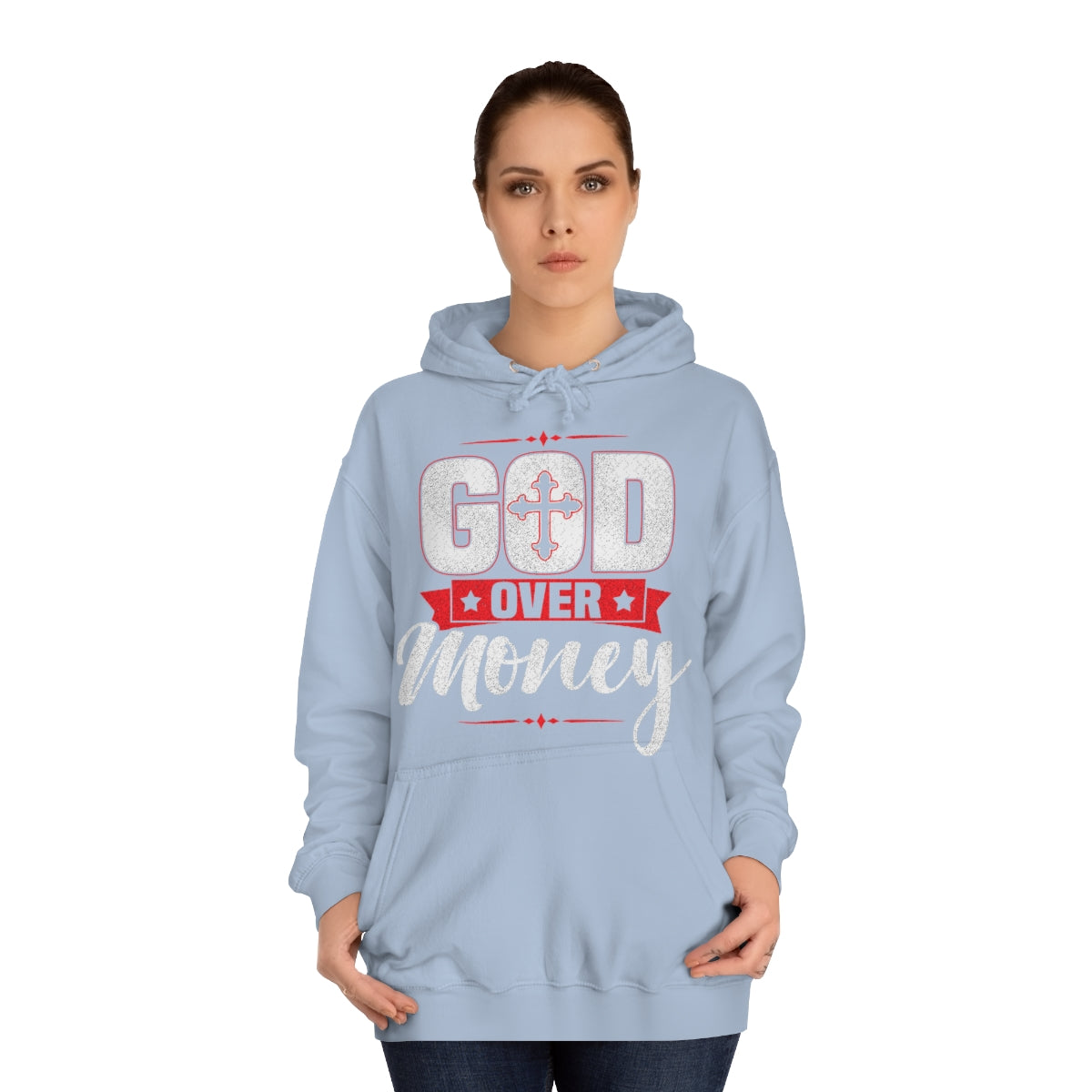 Women's GOD OVER MONEY College Hoodie - Conquered By Faith