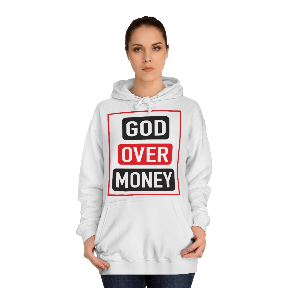 Women's GOD OVER MONEY College Hoodie - Conquered By Faith