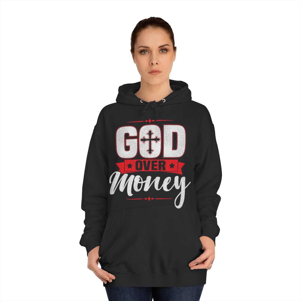 Women's GOD OVER MONEY College Hoodie - Conquered By Faith
